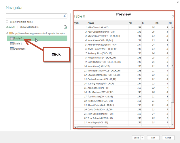 Click tables and preview