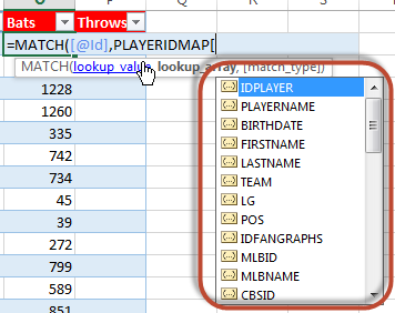 Excel table field list