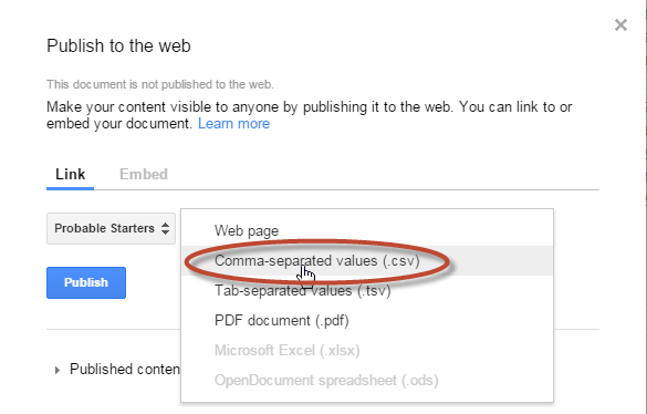 Publish Google sheet as CSV file.