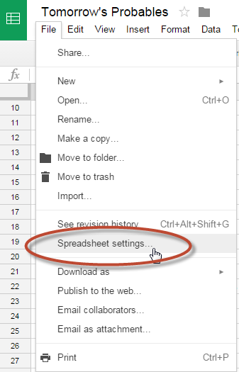File menu, spreadsheet settings