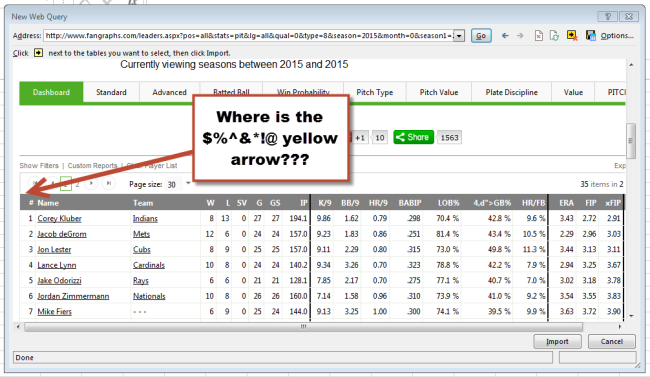 No yellow arrow displaying in Excel's web query preview window.