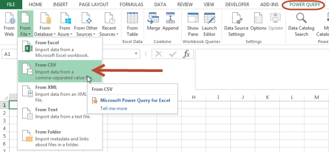 Power Query menu, From File, From CSV import option