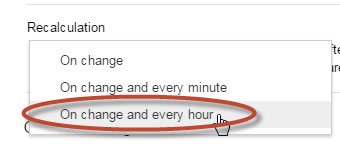 Recalculation settings, recalculate on change and every hour.